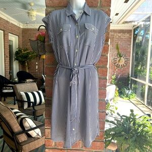 LOFT Navy White Striped Shirtdress Cap Sleeve Utility Dress Lined Career Small